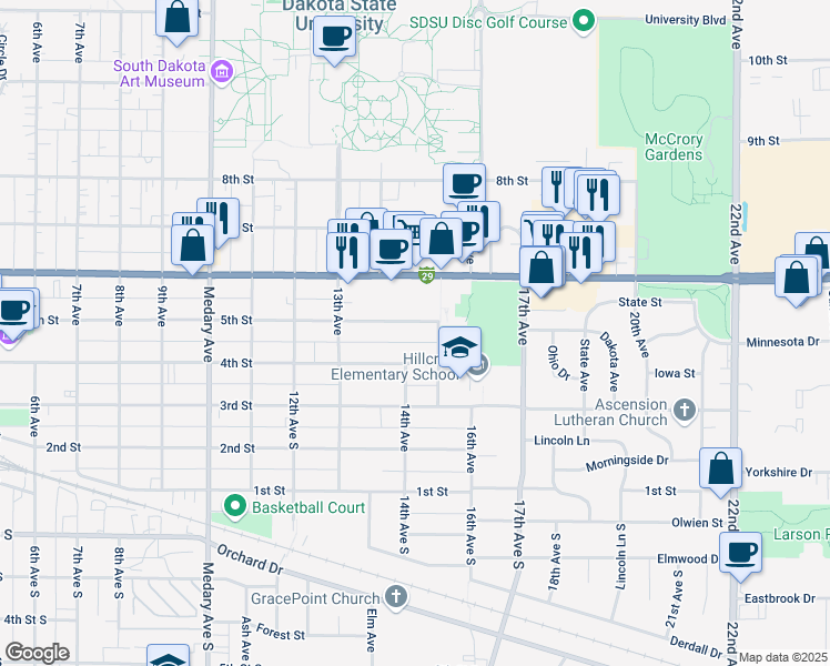 map of restaurants, bars, coffee shops, grocery stores, and more near 1368 5th Street in Brookings