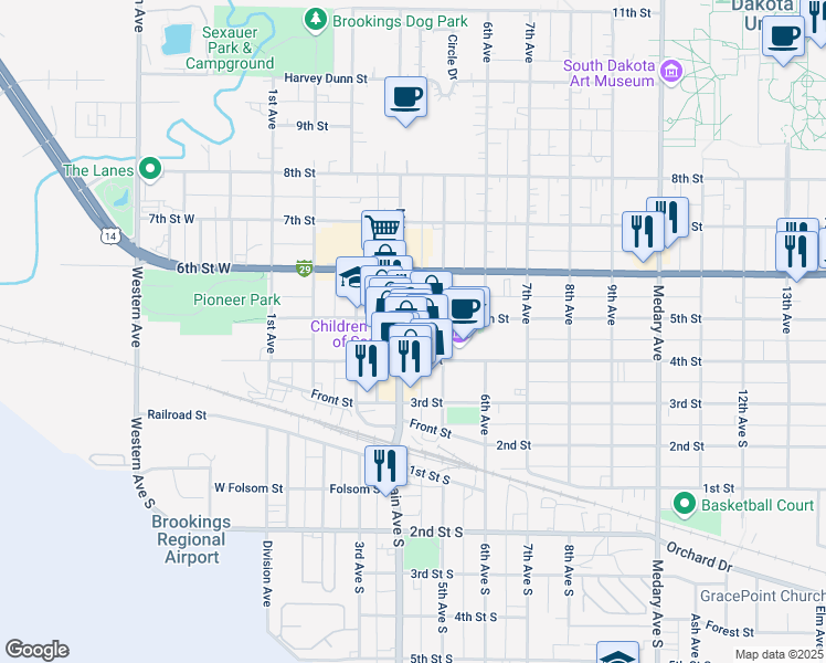 map of restaurants, bars, coffee shops, grocery stores, and more near 420 Main Avenue in Brookings