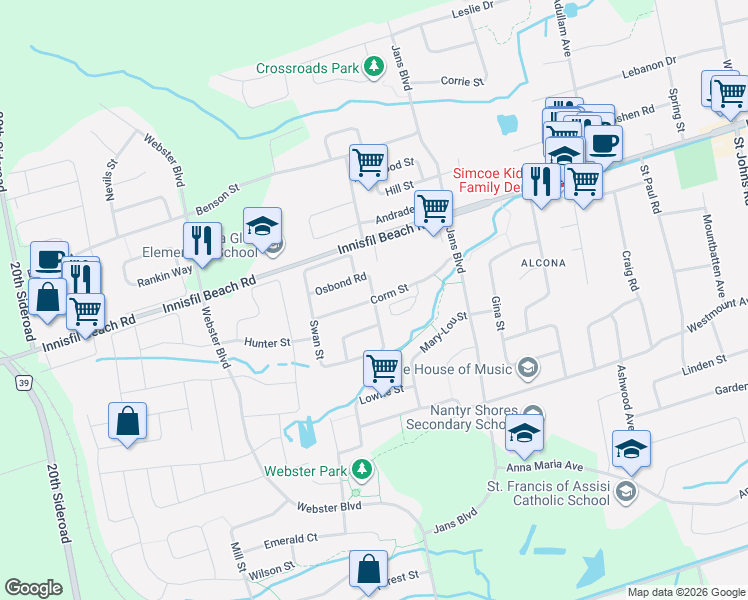 map of restaurants, bars, coffee shops, grocery stores, and more near Corm Street in Innisfil