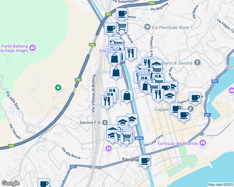 map of restaurants, bars, coffee shops, grocery stores, and more near 49 Via A. Aglietto in Savona