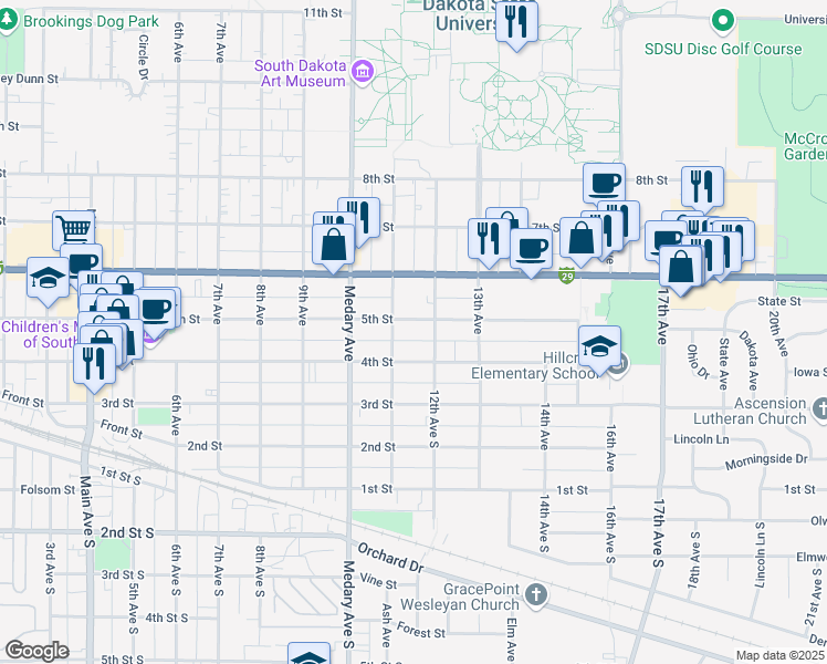 map of restaurants, bars, coffee shops, grocery stores, and more near 1112 5th Street in Brookings