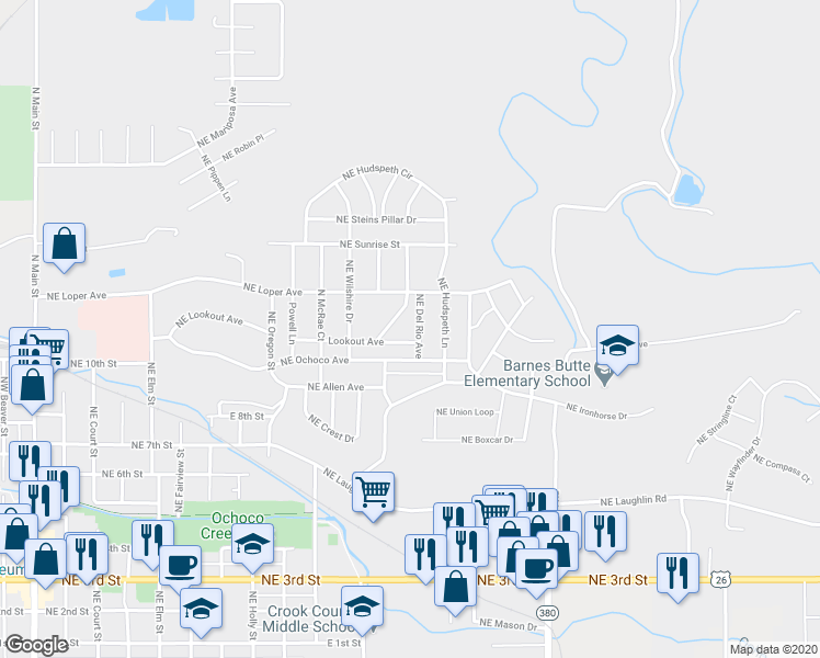 map of restaurants, bars, coffee shops, grocery stores, and more near 955 Northeast Del Rio Avenue in Prineville