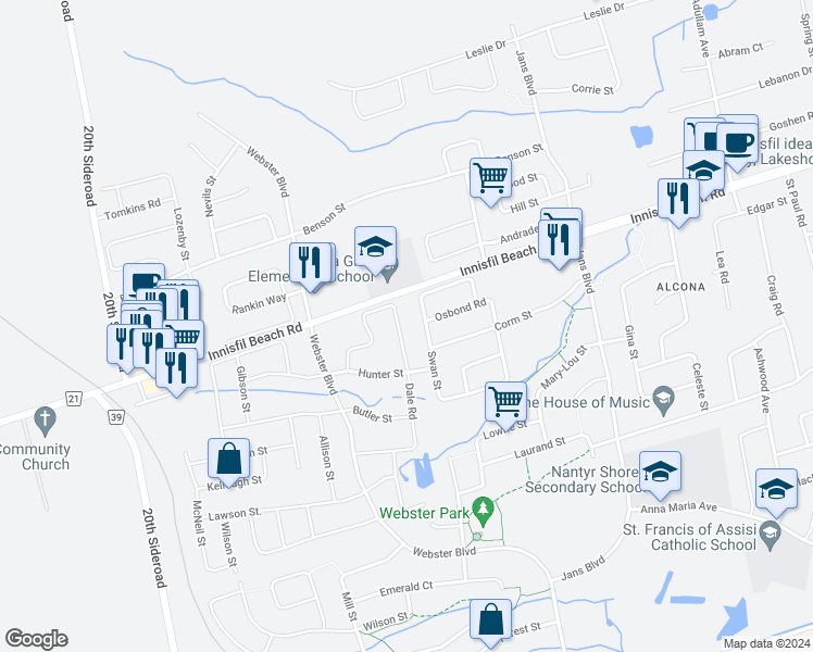 map of restaurants, bars, coffee shops, grocery stores, and more near 2186 Dawson Crescent in Innisfil