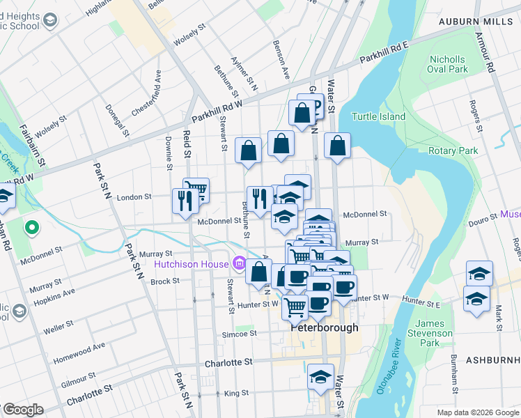 map of restaurants, bars, coffee shops, grocery stores, and more near 533 Aylmer Street North in Peterborough