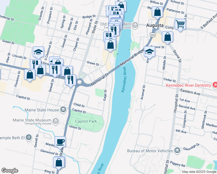 map of restaurants, bars, coffee shops, grocery stores, and more near 50 Gage Street in Augusta