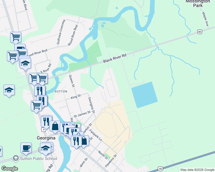 map of restaurants, bars, coffee shops, grocery stores, and more near 39 Prosser Crescent in Georgina