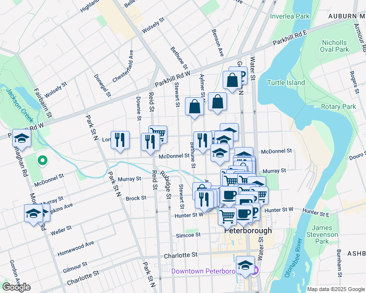 map of restaurants, bars, coffee shops, grocery stores, and more near 540 Stewart Street in Peterborough