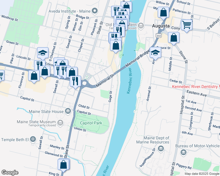 map of restaurants, bars, coffee shops, grocery stores, and more near 50 Gage Street in Augusta