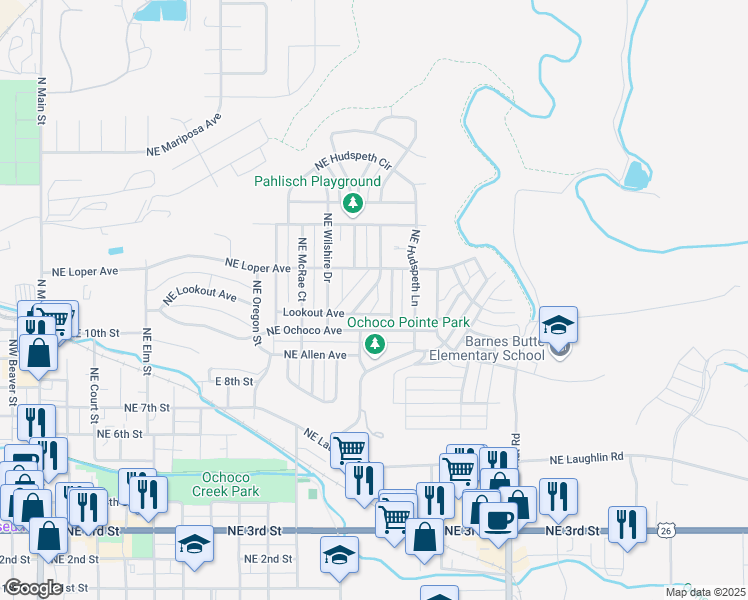 map of restaurants, bars, coffee shops, grocery stores, and more near 955 Northeast Del Rio Avenue in Prineville