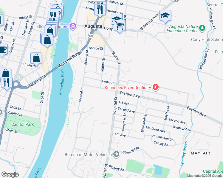 map of restaurants, bars, coffee shops, grocery stores, and more near 98 Stone Street in Augusta