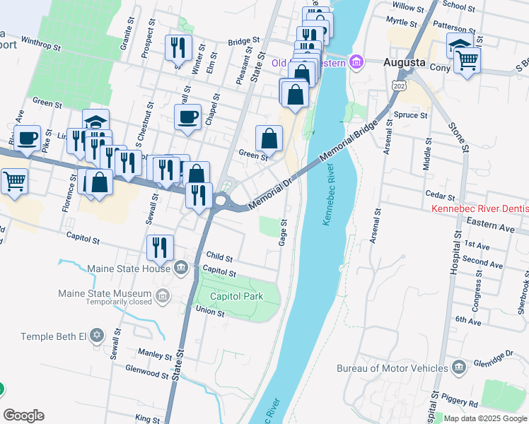 map of restaurants, bars, coffee shops, grocery stores, and more near 27 East Crescent Street in Augusta