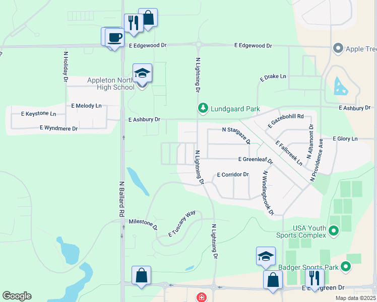 map of restaurants, bars, coffee shops, grocery stores, and more near 4724 North Brookridge Lane in Appleton