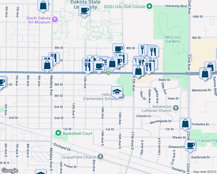 map of restaurants, bars, coffee shops, grocery stores, and more near 1368 5th Street in Brookings