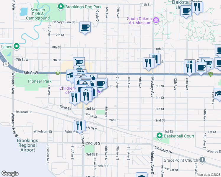 map of restaurants, bars, coffee shops, grocery stores, and more near 698 5th St in Brookings