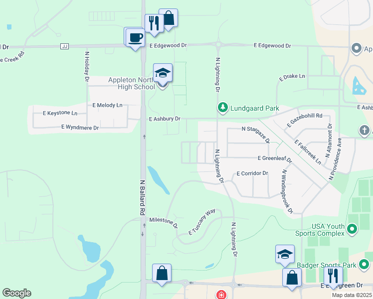 map of restaurants, bars, coffee shops, grocery stores, and more near 4725 North Newcastle Lane in Appleton