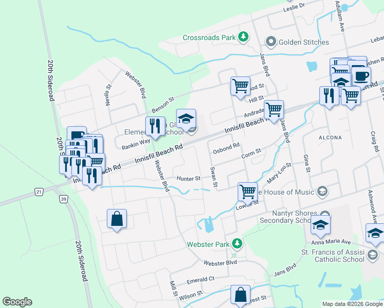 map of restaurants, bars, coffee shops, grocery stores, and more near 2186 Dawson Crescent in Innisfil