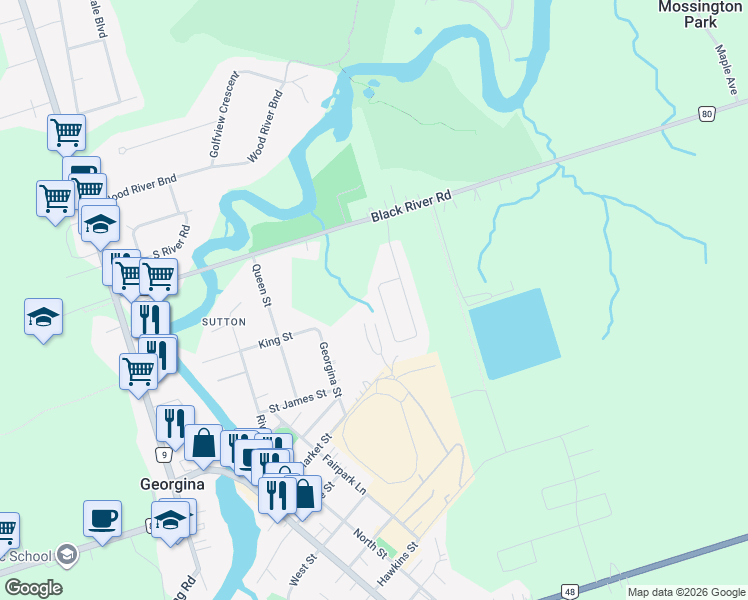 map of restaurants, bars, coffee shops, grocery stores, and more near 32 Prosser Crescent in Georgina