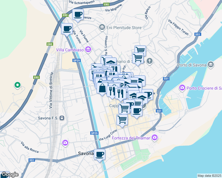 map of restaurants, bars, coffee shops, grocery stores, and more near 6 Via Montesisto Giuseppe in Savona