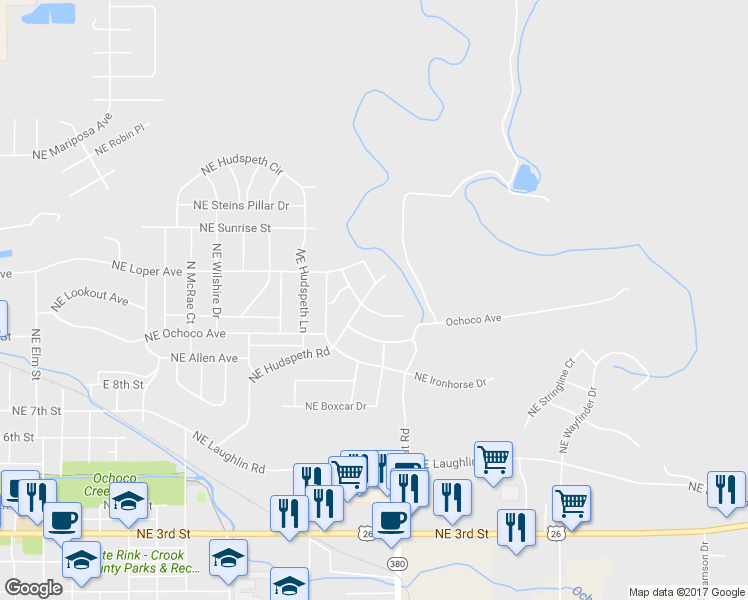 map of restaurants, bars, coffee shops, grocery stores, and more near 1536 Northeast Hudspeth Road in Prineville