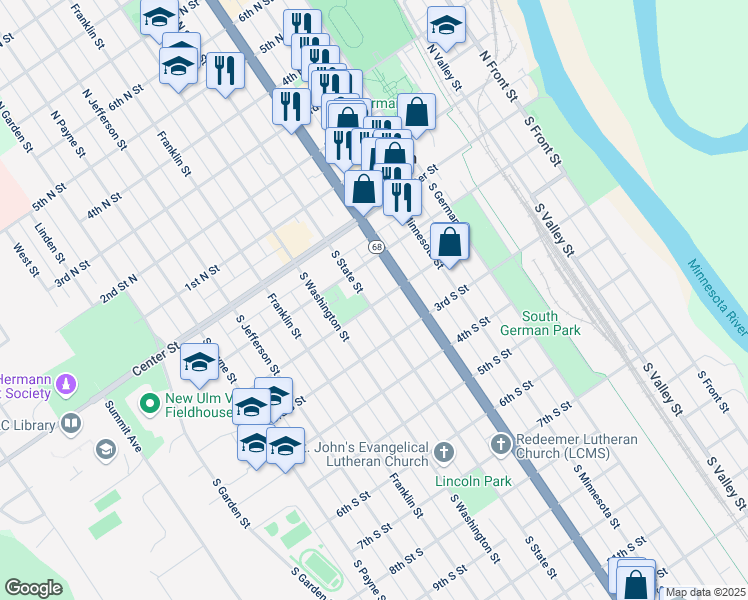 map of restaurants, bars, coffee shops, grocery stores, and more near 125 S State St in New Ulm