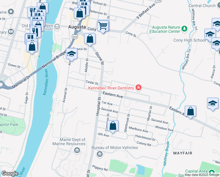 map of restaurants, bars, coffee shops, grocery stores, and more near 10 Davenport Street in Augusta