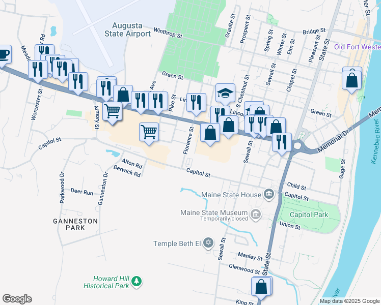 map of restaurants, bars, coffee shops, grocery stores, and more near 151 Capitol Street in Augusta