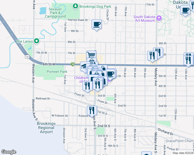 map of restaurants, bars, coffee shops, grocery stores, and more near 420 Main Avenue in Brookings