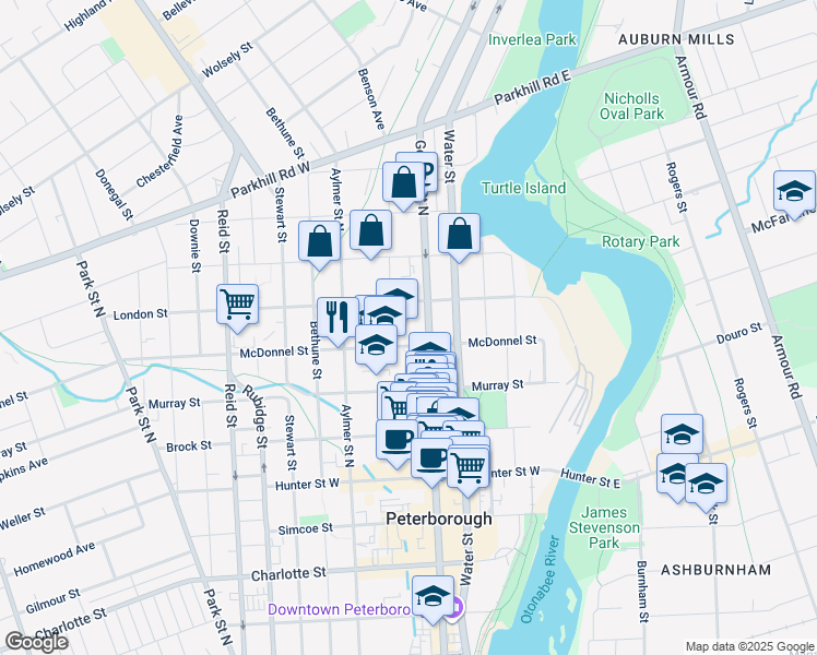 map of restaurants, bars, coffee shops, grocery stores, and more near 539 George Street North in Peterborough