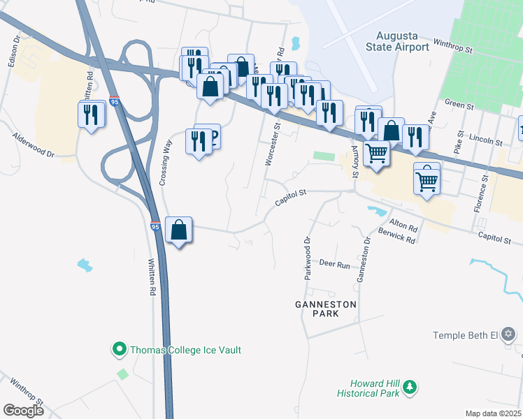 map of restaurants, bars, coffee shops, grocery stores, and more near 65 Worcester Street in Augusta