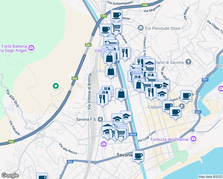 map of restaurants, bars, coffee shops, grocery stores, and more near 49 Via A. Aglietto in Savona