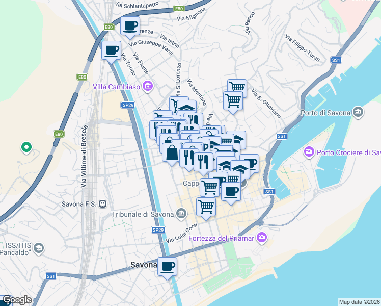 map of restaurants, bars, coffee shops, grocery stores, and more near 6 Via Montesisto Giuseppe in Savona