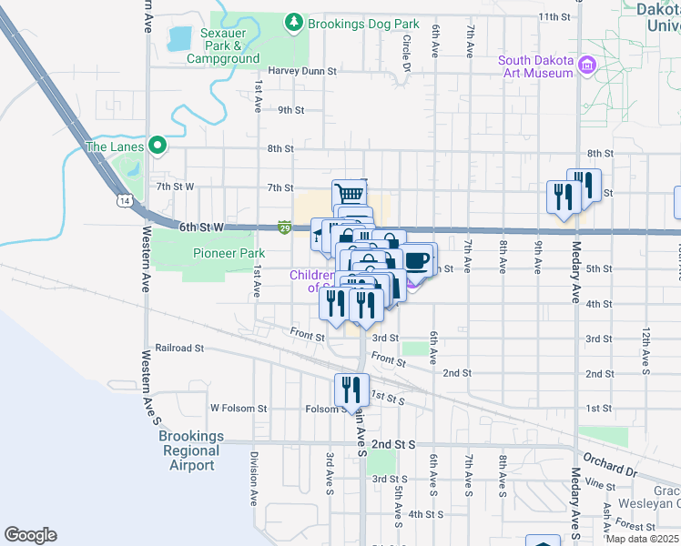 map of restaurants, bars, coffee shops, grocery stores, and more near 312 5th Street in Brookings