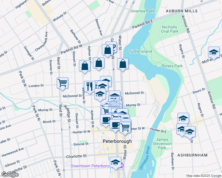 map of restaurants, bars, coffee shops, grocery stores, and more near 539 George Street North in Peterborough