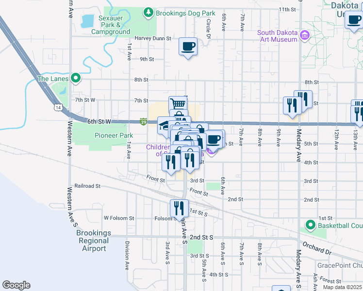 map of restaurants, bars, coffee shops, grocery stores, and more near 427 Main Avenue in Brookings