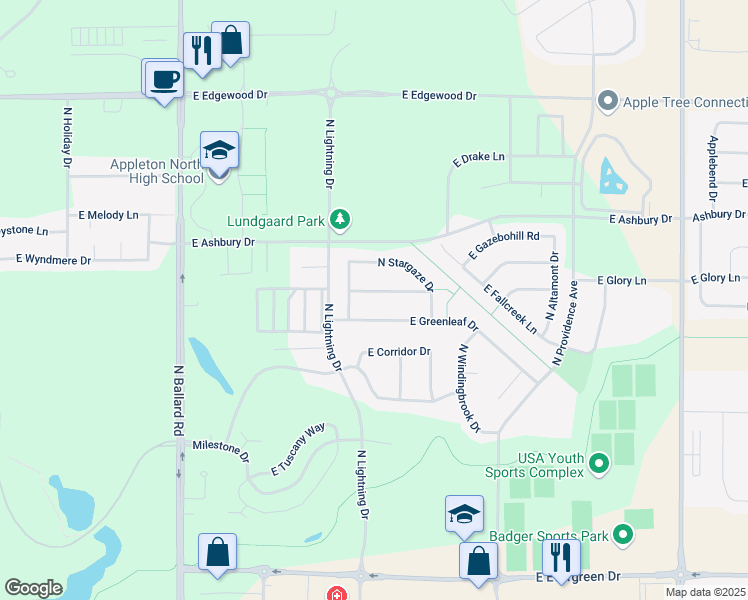 map of restaurants, bars, coffee shops, grocery stores, and more near 2623 East Sundance Drive in Appleton