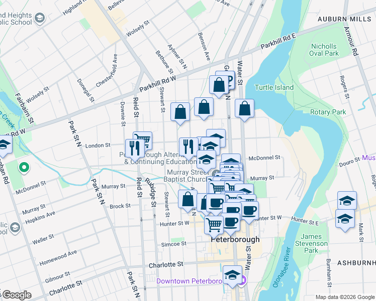 map of restaurants, bars, coffee shops, grocery stores, and more near in Peterborough
