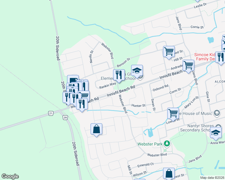 map of restaurants, bars, coffee shops, grocery stores, and more near 2130 Taggart Court in Innisfil
