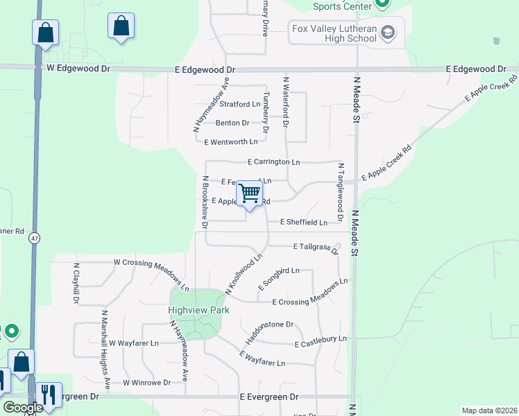 map of restaurants, bars, coffee shops, grocery stores, and more near 4701 North Knollwood Lane in Appleton
