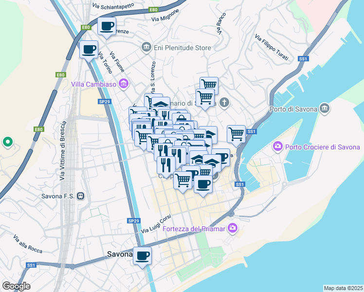 map of restaurants, bars, coffee shops, grocery stores, and more near 31 Corso Italia in Savona