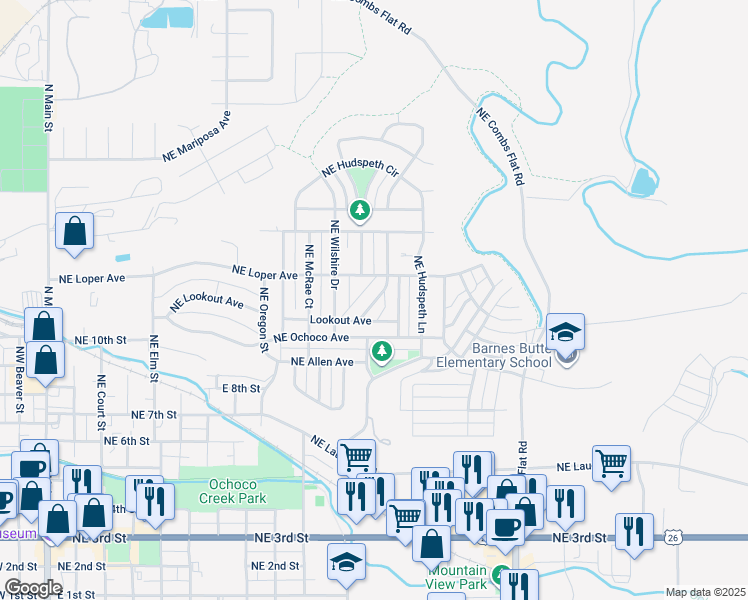 map of restaurants, bars, coffee shops, grocery stores, and more near 955 Northeast Del Rio Avenue in Prineville