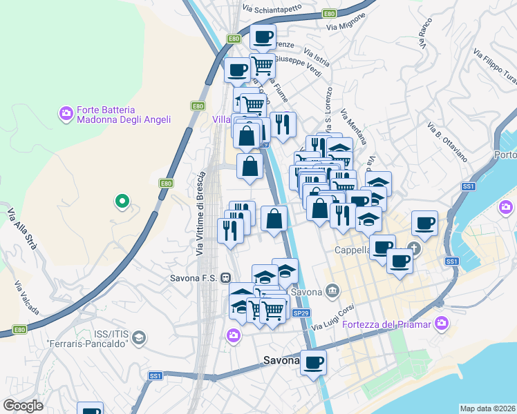 map of restaurants, bars, coffee shops, grocery stores, and more near 32 Via A. Aglietto in Savona