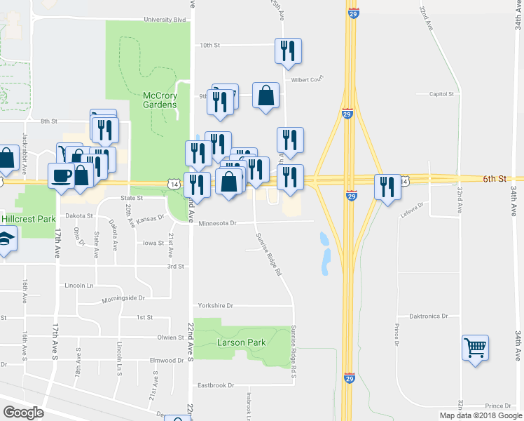 map of restaurants, bars, coffee shops, grocery stores, and more near 514 Sunrise Ridge Road in Brookings