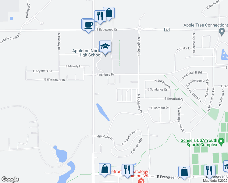 map of restaurants, bars, coffee shops, grocery stores, and more near 4731 West Everbreeze Circle in Appleton