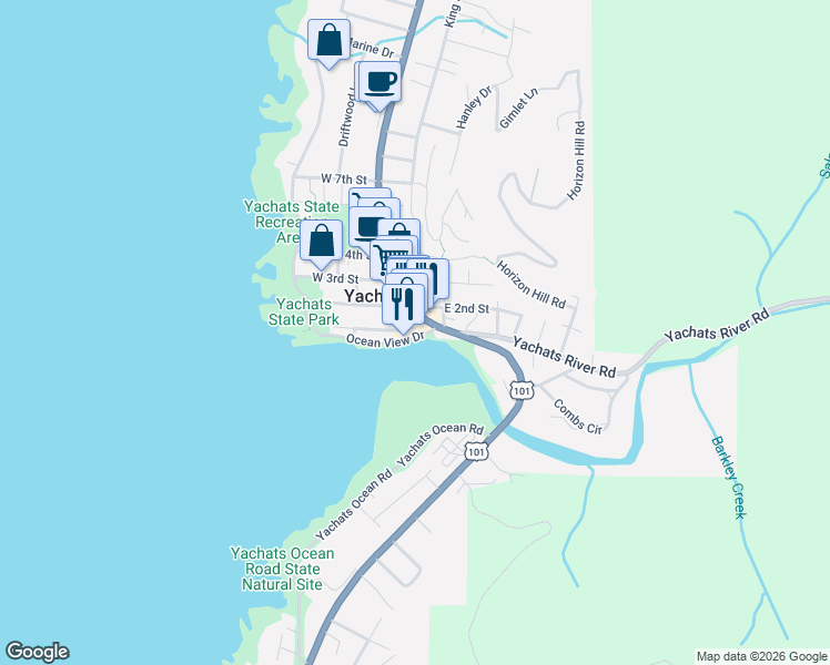 map of restaurants, bars, coffee shops, grocery stores, and more near 128 Beach Avenue in Yachats