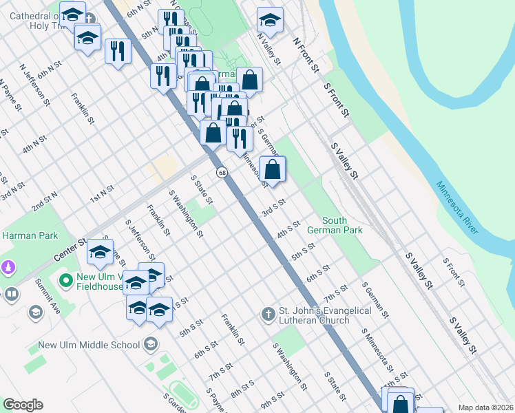 map of restaurants, bars, coffee shops, grocery stores, and more near 216 South Broadway Street in New Ulm