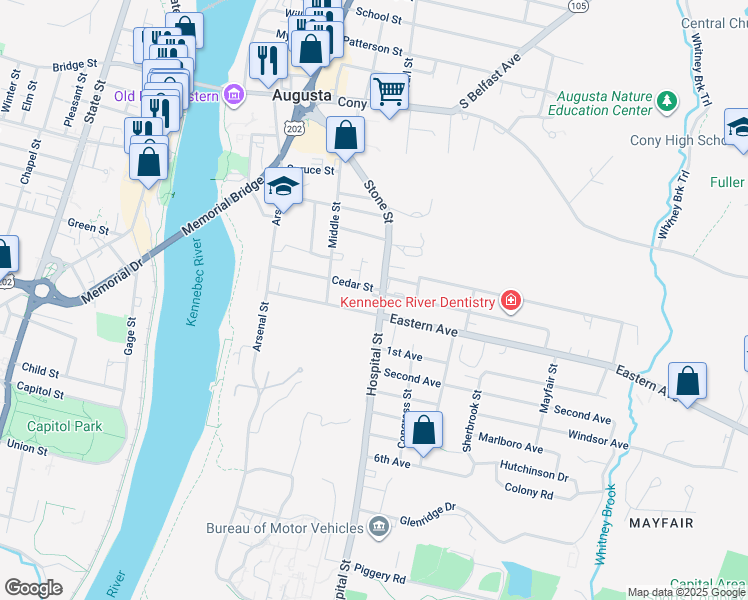 map of restaurants, bars, coffee shops, grocery stores, and more near 98 Stone Street in Augusta