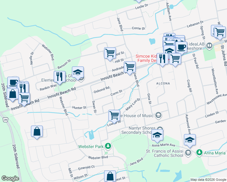 map of restaurants, bars, coffee shops, grocery stores, and more near in Innisfil