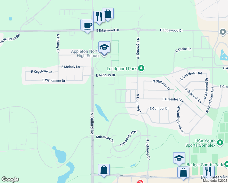 map of restaurants, bars, coffee shops, grocery stores, and more near 4731 West Everbreeze Circle in Appleton