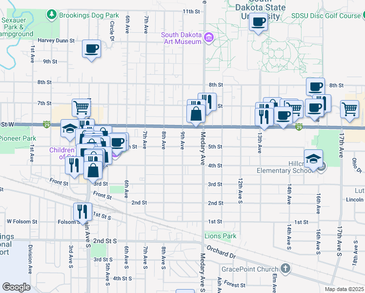 map of restaurants, bars, coffee shops, grocery stores, and more near 5th Street in Brookings