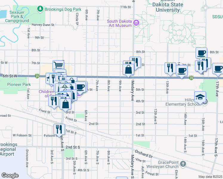 map of restaurants, bars, coffee shops, grocery stores, and more near 5th Street in Brookings